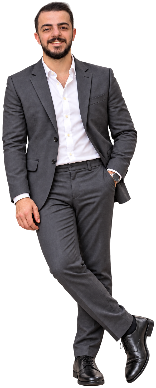 Yamen Alazzam in a charcoal suit, leaning against the phone